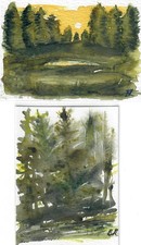 Aceo "KRAJOBRAZ DWA DRZEWA" Akwarela Sztuka śpiewana i datowana