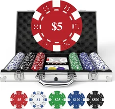 Poker Set with Denominations, 300-Pcs 11.5G Weighted Numbered Chips, 5 Dice, 2 D
