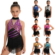 US Kids Sparkly Sleeveless Dance Dress Tassel Fringe Skirted Leotard Dancewear