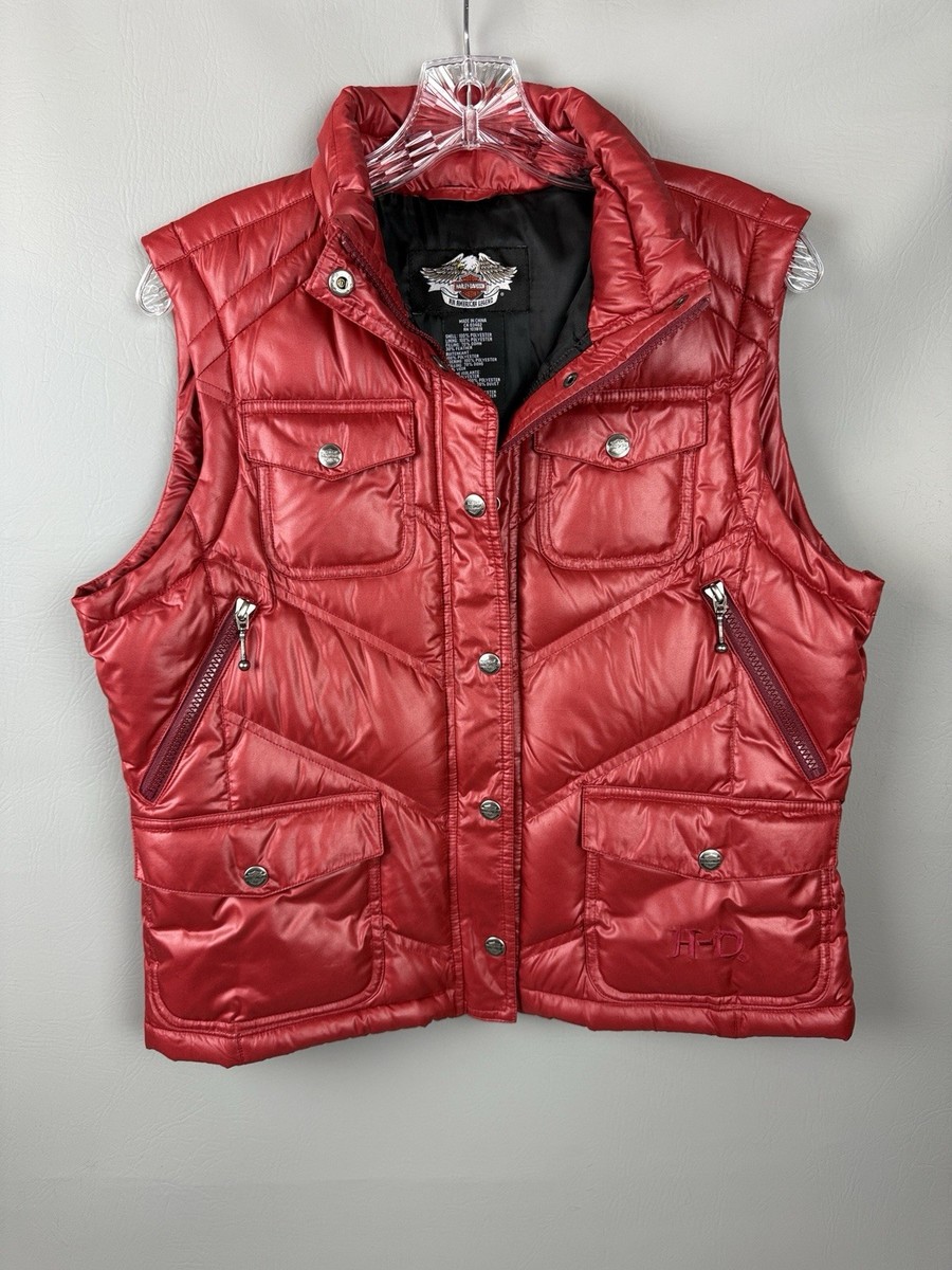 Harley Davidson Women's Red Puffer Vest Embroidered Moto Biker