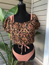 ZAFUL NWT 2-PC SZ 6 Burnt Orange Bathing Suit  SZ Medium Floral Crop Top.