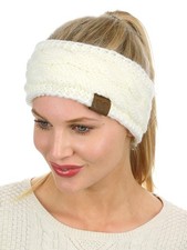 C.C Soft Stretch Winter Warm Cable Knit Fuzzy Lined Ear Warmer Headband Ivory