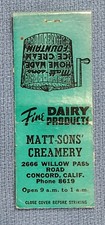 Matt-Sons' Creamery Concord California Willow Pass Rd Matchbook 