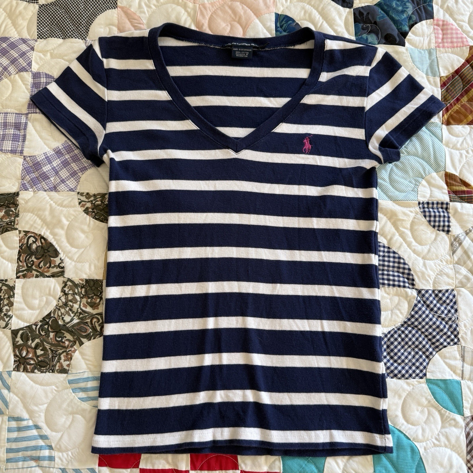 Ralph Lauren Sport Navy Blue White Striped Cotton Short Sleeve Blouse M Y2K