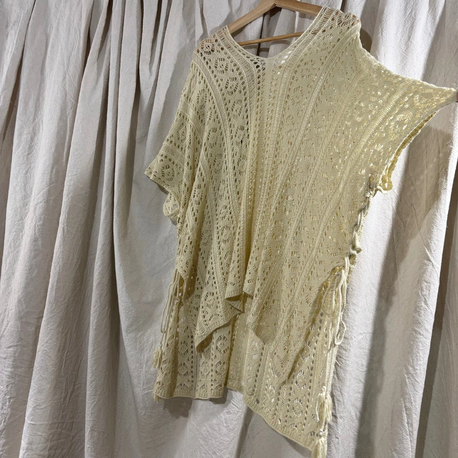 Boho Crochet Poncho Top Cream Ivory Lace Up Tassel Oversized Cover Up OSFM