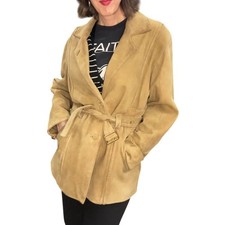 Vintage 80s Genuine Leather Suede Belted Blazer Jacket Camel Tan Strong Shoulder