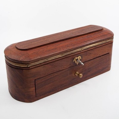 Vintage Oval Wood Box Brass Jewelry Pencil Box Locking Drawer 13''