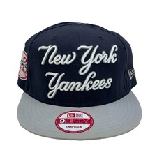 New York Yankees Hat Cap Snap Back Blue Gray Wool 9Fifty Flat Bill Wool Script