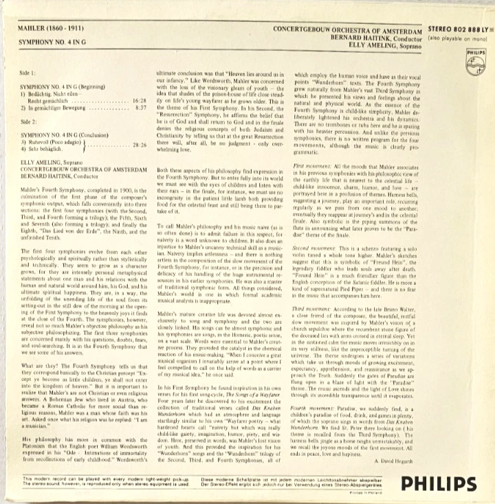MAHLER Symphony No. 4- HAITINK/AMELING/CONCERTGEBOUW Holland Philips 802 888LY Foto 2 de 4