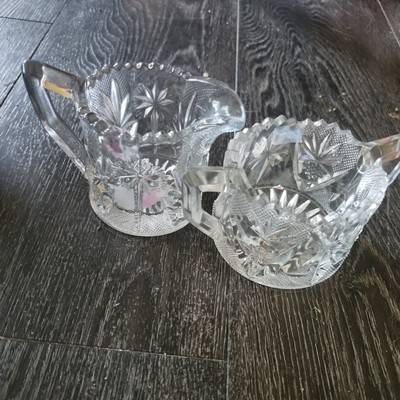 Cut Crystal Sugar and Creamer Set Etched Frosted Flower   ~  Vintage