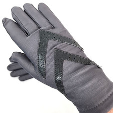 Vtg Isotoner Driving Gloves Women O/S Gray Stretch Lined Leather Trim Chevron