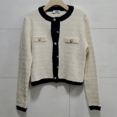 Mango Womens M Knit Cardigan Sweater Ivory Black Trim Button Front Pockets Crew