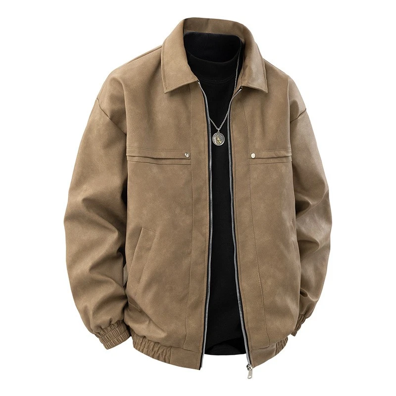 Mens PU Leather Jacket Vintage Biker Motorcycle Zip-Up Coat Retro Style - Image 2 of 4