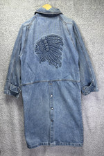 Vtg Long Denim Coat Jacket Native American Indian Chief Emboss Made in USA Small