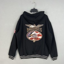 USMC Marines Hoodie Mens Medium Black Full Zip Jacket American Flag Eagle USA