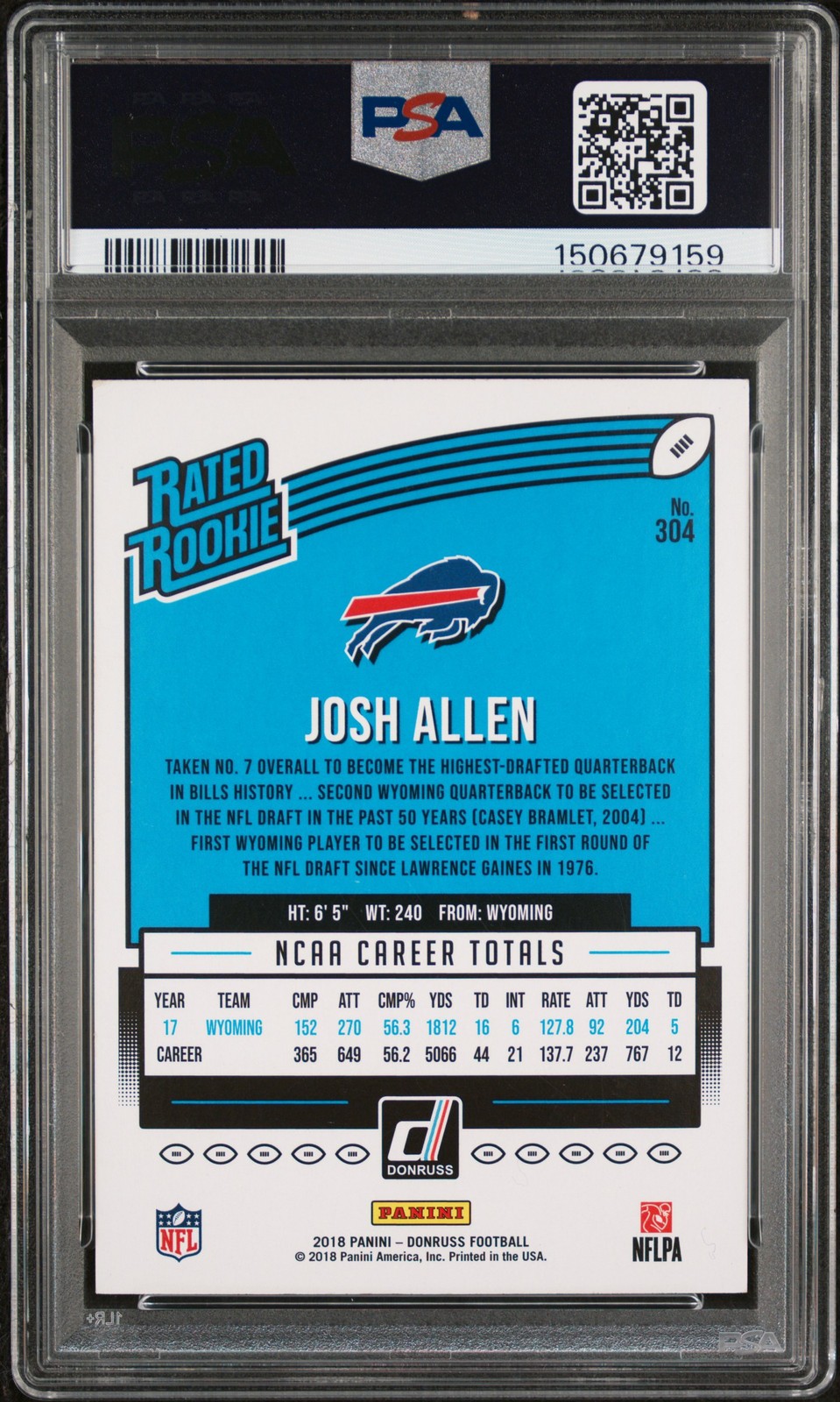 2018 PANINI DONRUSS #304 JOSH ALLEN ROOKIE RC PSA 7 view 2
