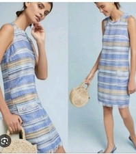 Anthropologie Akemi + Kin Woven Shift Dress Sz 0 Blue Striped Sleeveless Classic