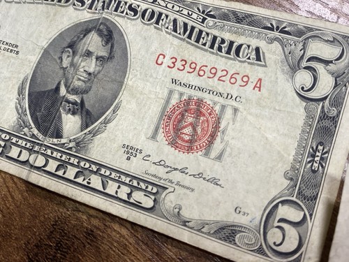 U.S. Red Seal Red Ink Five Dollar Bill 1953 B United States Note $5 C33969269A - Picture 6 of 12