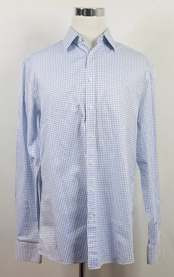 Charles Tyrwhitt 17 38 Slim Fit Dress Shirt Blue White Plaid 100% Cotton Formal - Image 2 of 4
