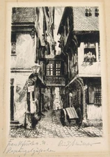 c1880s Hand-Signed Etching Frankfurt Germany Rapunzelgasschen by Hirth du Frênes