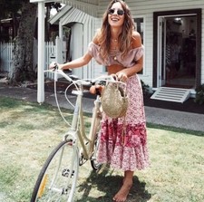 SPELL & THE GYPSY COLLECTIVE Winona Berry Midi Skirt Pink Size Small Floral Boho