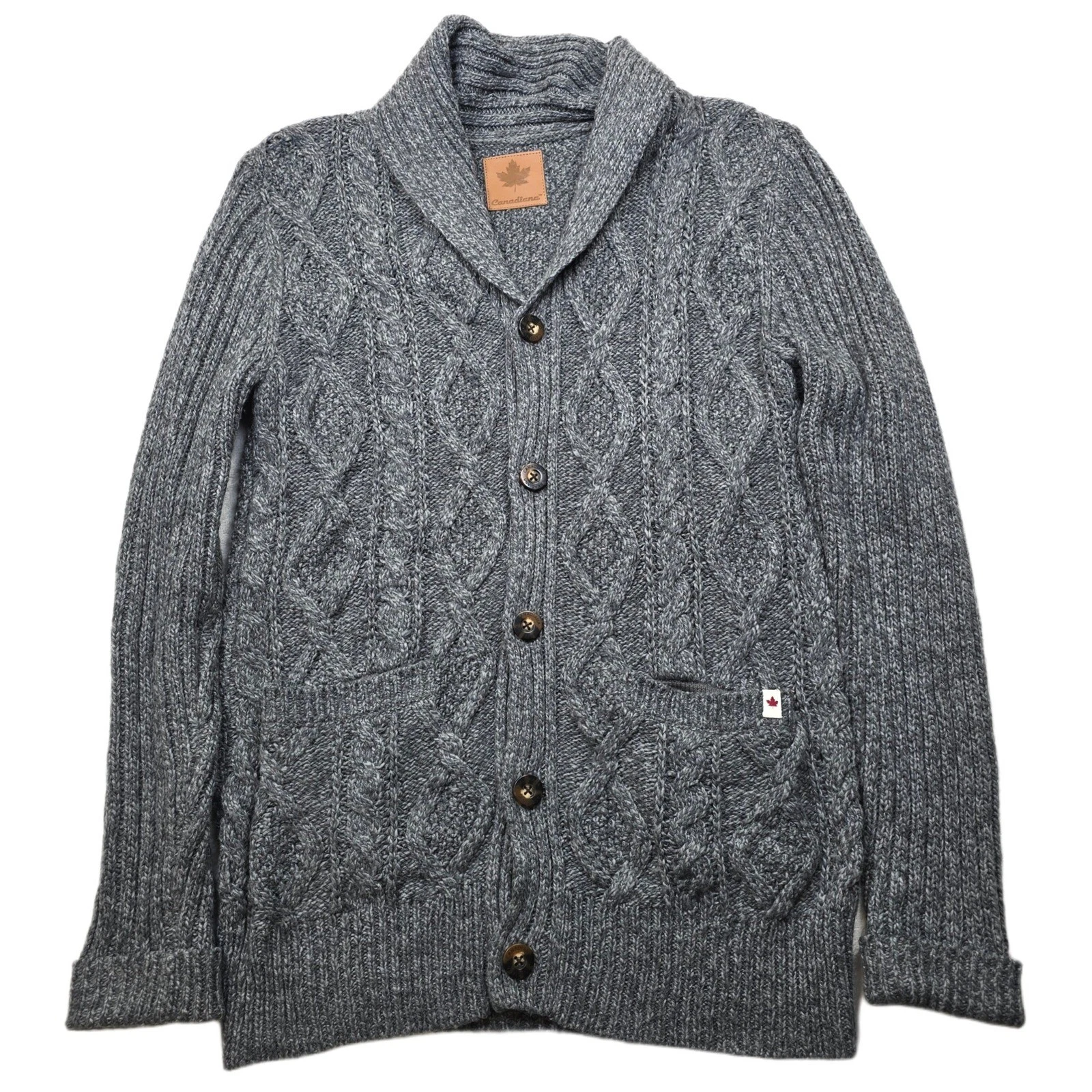 Canadiana Shawl Collar Cardigan Sweater Mens Small Gray Cable Knit Chunky!