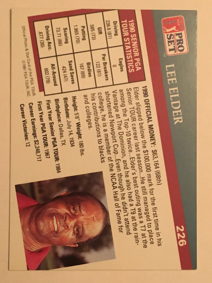 Lee Elder Golf Legend hand signed in person 1991 Pro Set Golf card # 226 - Image 3 of 3