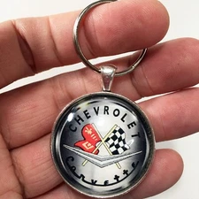 Vintage Old School 1950's Corvette Racing Flags Logo Emblem Keychain