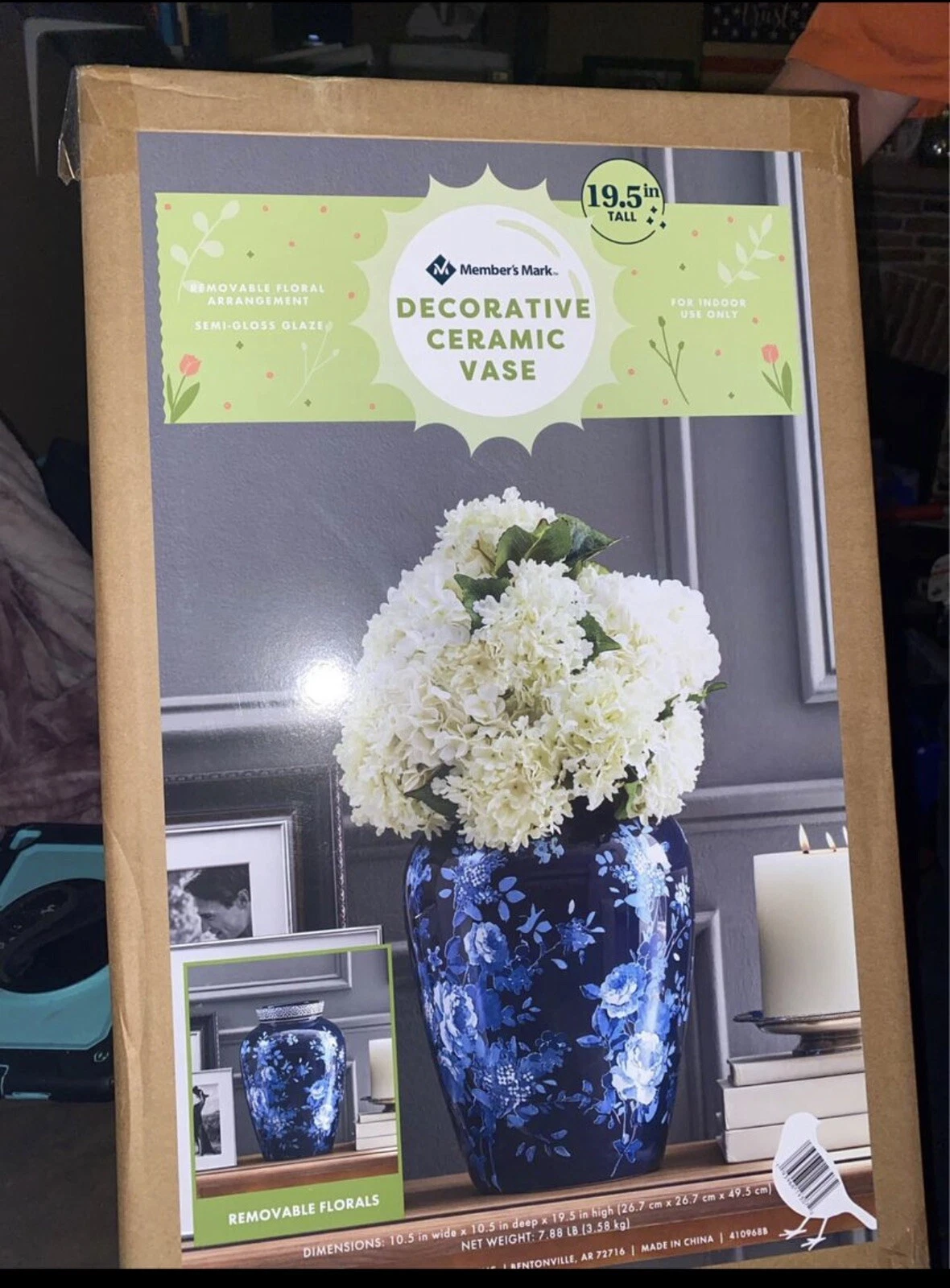 MEMBER'S MARK DECORATIVE CERAMIC VASE WITH REMOVEABLE FLORAL ARRANGEMENT~ BLUE