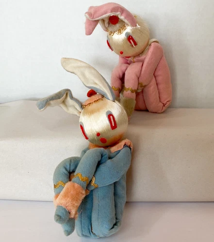 Vintage 1950s Knee Hugger Rabbits MCM Felt Set(2) Easter Japan Kitschy Doll Rare