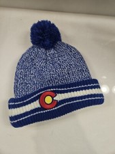 COLORADO Beanie Cap Knit Toboggan Pom Pom Blue White Striped Winter Ski