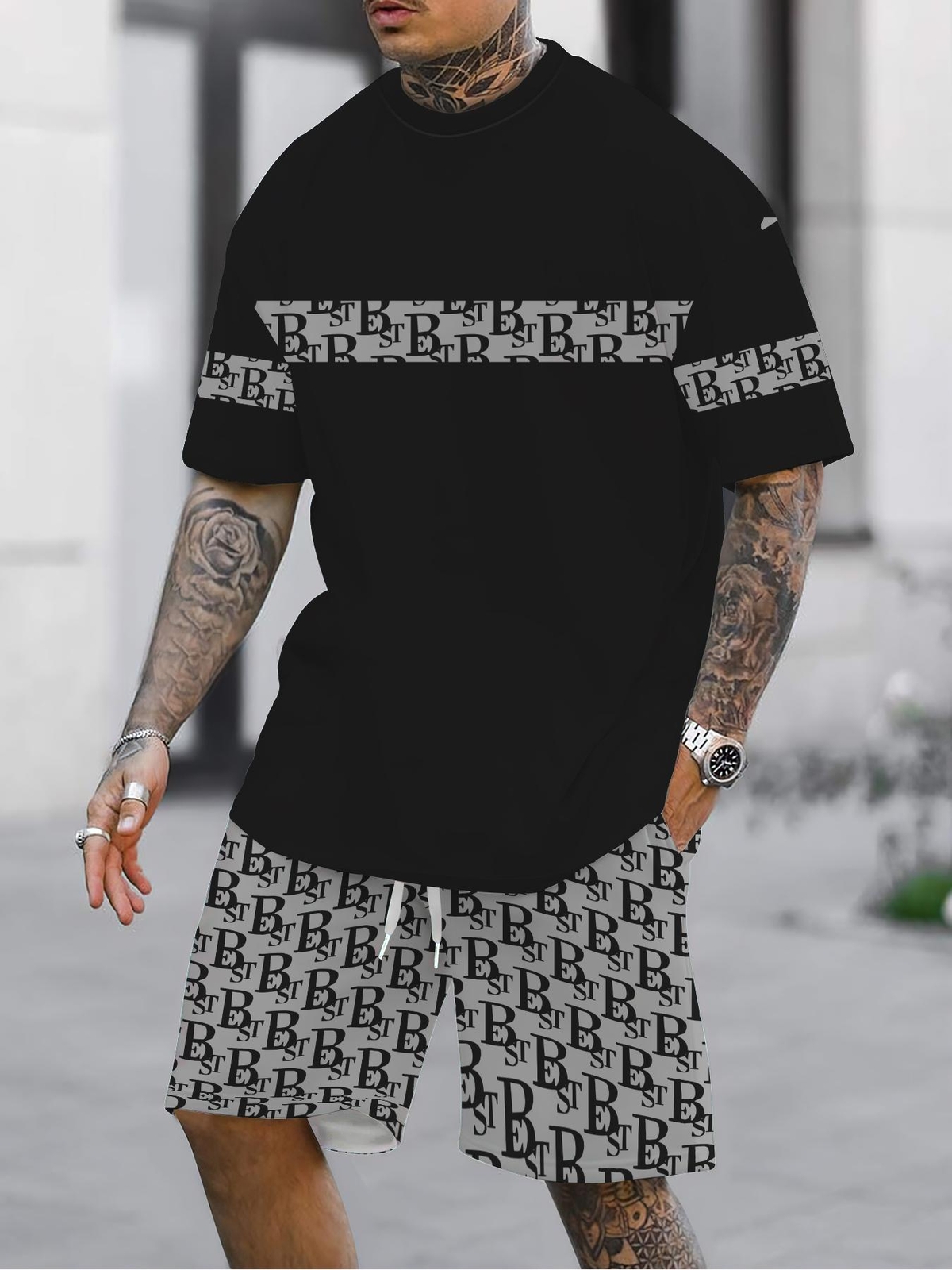 Men 2-Piece Set Summer Outfit Short Sleeve Sweatshirt T Shir