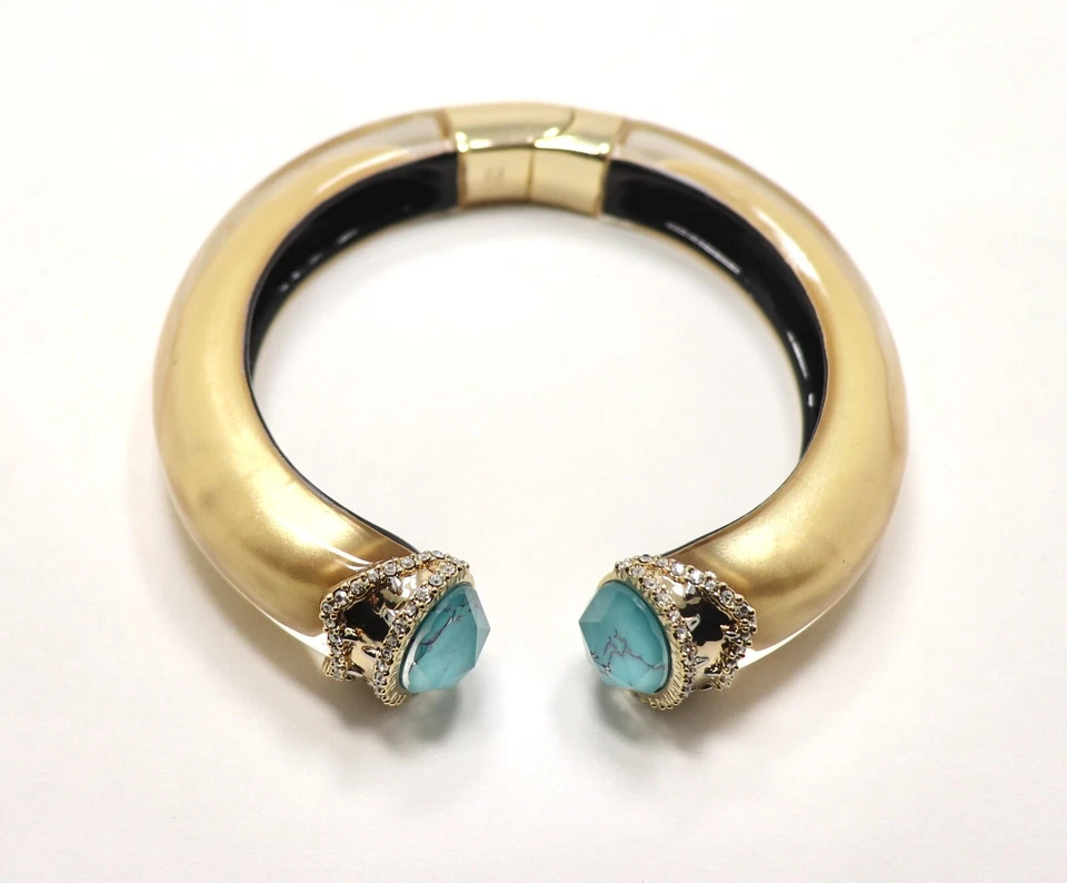 ALEXIS BITTAR GOLD LUCITE ENCRUSTED WITH AMAZONITE ENDS HINGED CUFF BRACELET