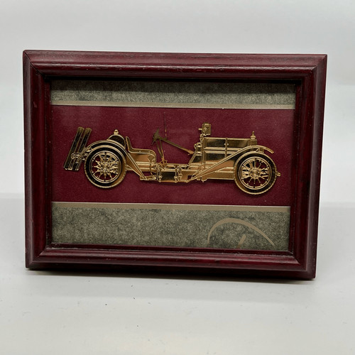 1991 Decorative Antique Automobile Art Gold Metal Framed Car Glass Front Wood