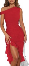 Women One Shoulder Bodycon Midi Dress Sleeveless Summer Cocktail Party Dress
