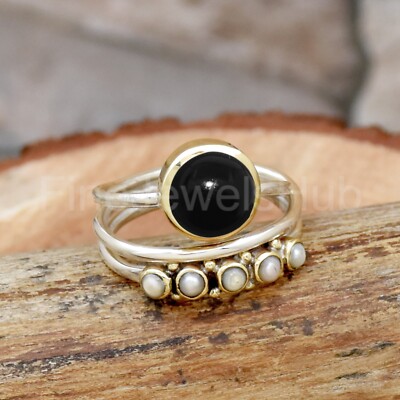 Black Onyx Ring Natural Pearl Ring, Wire Wrap Ring, 925 Sterling Silver  Ring