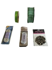 Sewing/ Craft Mixed Lot Of 5: Green Ribbon, Elastic & Appliqué Rose