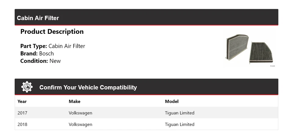适用于 2017 - 2018 年大众 Tiguan Limited 博世客舱空气过滤器 — 第 2/3 张图片