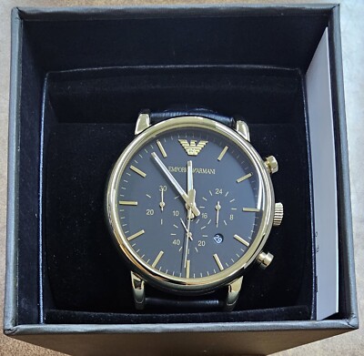 Emporio Armani AR-1917 Gold Tone Chronograph Black Leather Strap 46mm Watch