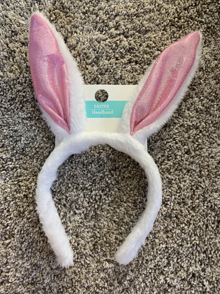 Plush Bunny Ears White Pink Easter Rabbit Headband Head Band Furry Hair -NWT - Image 1 of 4