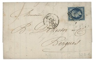 1861 20c EMPIRE TYPE 2 BLEU SUR VERT N°14Ba LETTRE LILLE COTE 400€ TTB