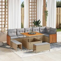 9-Teiliges Garten-Sofa-Set Mit Kissen Beige Poly-Rattan Akazie, 3-Teiliges Garte