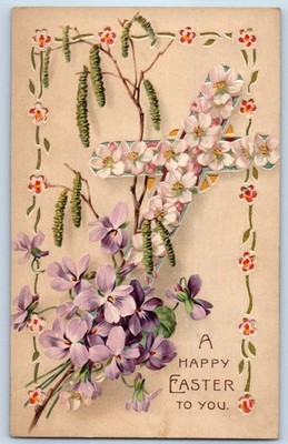 c1910's Easter Floral Holy Cross Flowers Cattails Unposted Antique Postcard