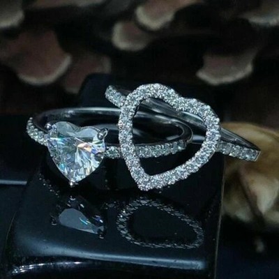Wedding Band 14k White Gold Plated Certified Moissanite Heart Cut Ring Set 2Ct