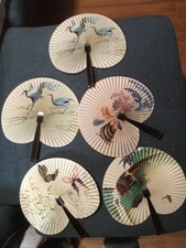 Vintage Peoples Republic of China Paper Folding Fan Metal Handle Fans, Lot Of 5