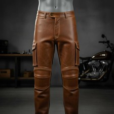 Handmade Brown Cowhide Leather Motorcycle Pants  Biker Cargo Trousers