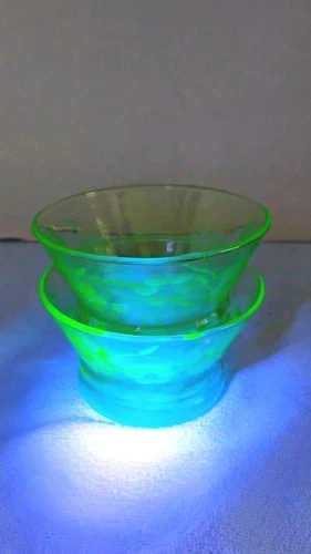 2 Green Depression Uranium Glass Etched Floral Custard/Sherbet Bowl