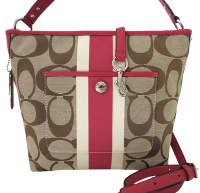 New Coach Signature Hamptons Weekend Khaki Pink Signature Stripe