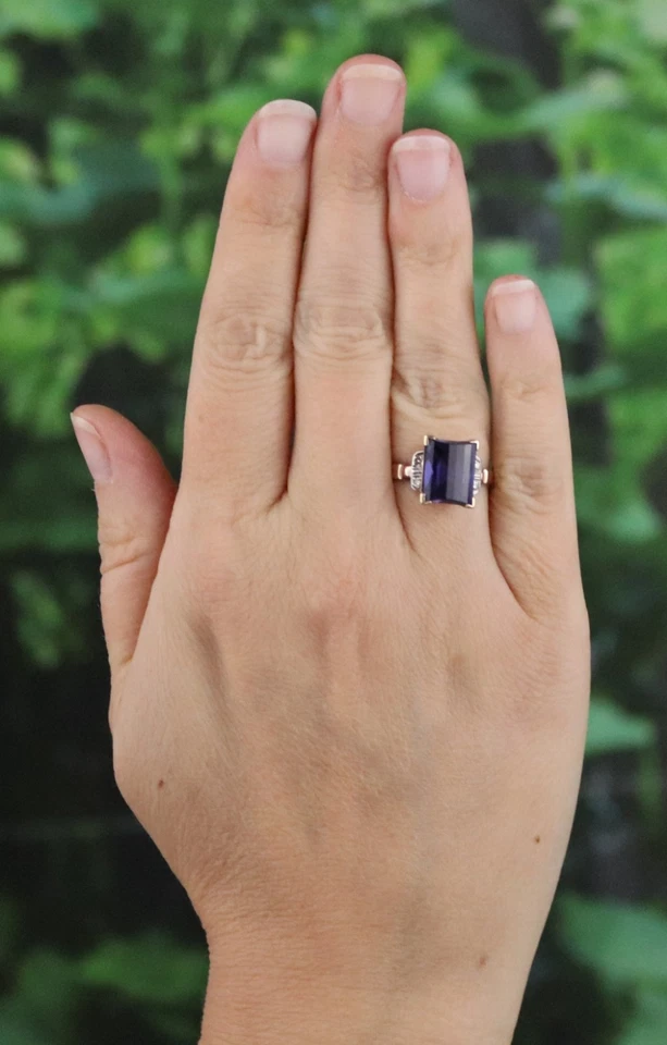 10k Yellow Gold Lab Created Purple Sapphire and Diamond Ring Size 6 1/4 Art Deco - Image 2 of 4