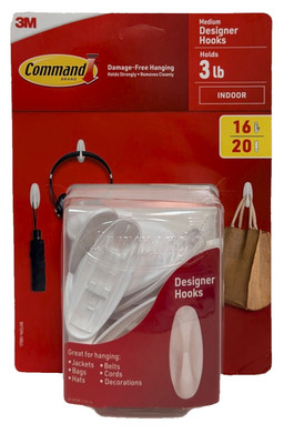 Command Damage-Free Hanging Meduim Hooks, Holds 3lb, INDOOR, 16 Hooks 20 Strips
